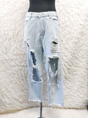 American Bazi Women's Boy Friend High Rise Distressed Denim Jeans size L